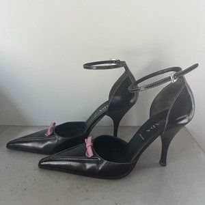 PRADA Leather Slingback Heels with Bow Accents